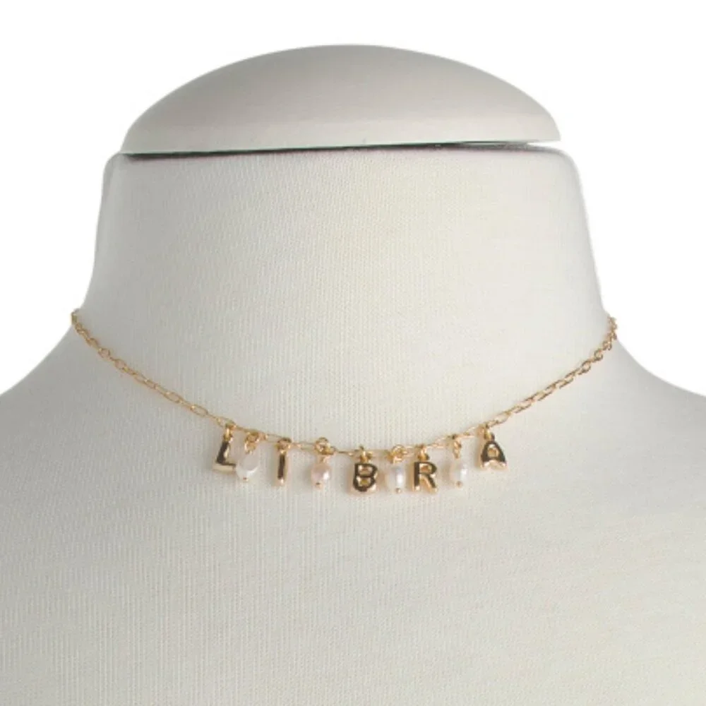 NWT LUNA NORTE Libra Gold Tone Pearl Astrological Lettering Necklace w/ Gift Box